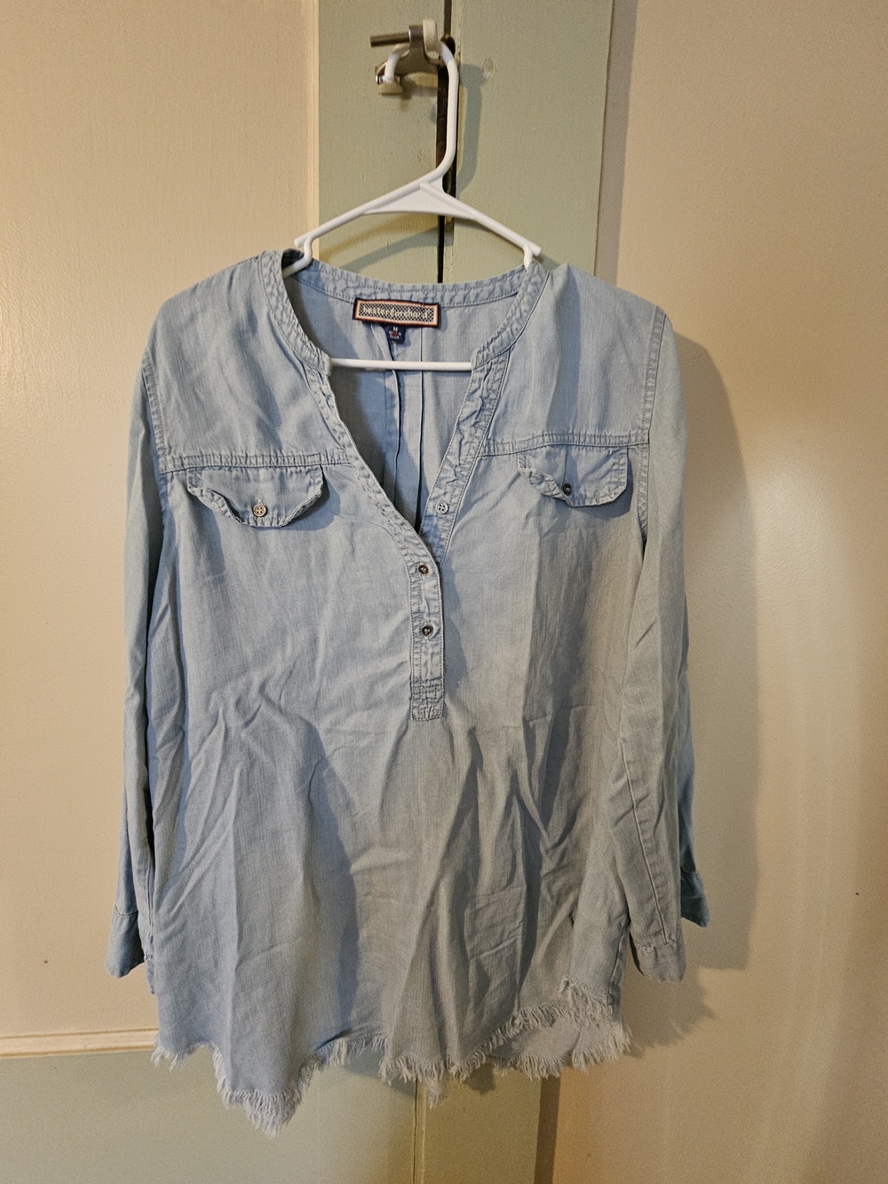 Light Blue Chambray Tunic with Frayed Hem - Womens